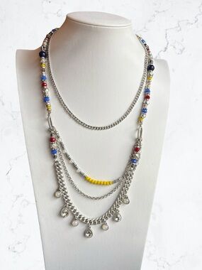 Premier Designs Multicolor Beaded Silver Layered Necklace with Yellow Accent
